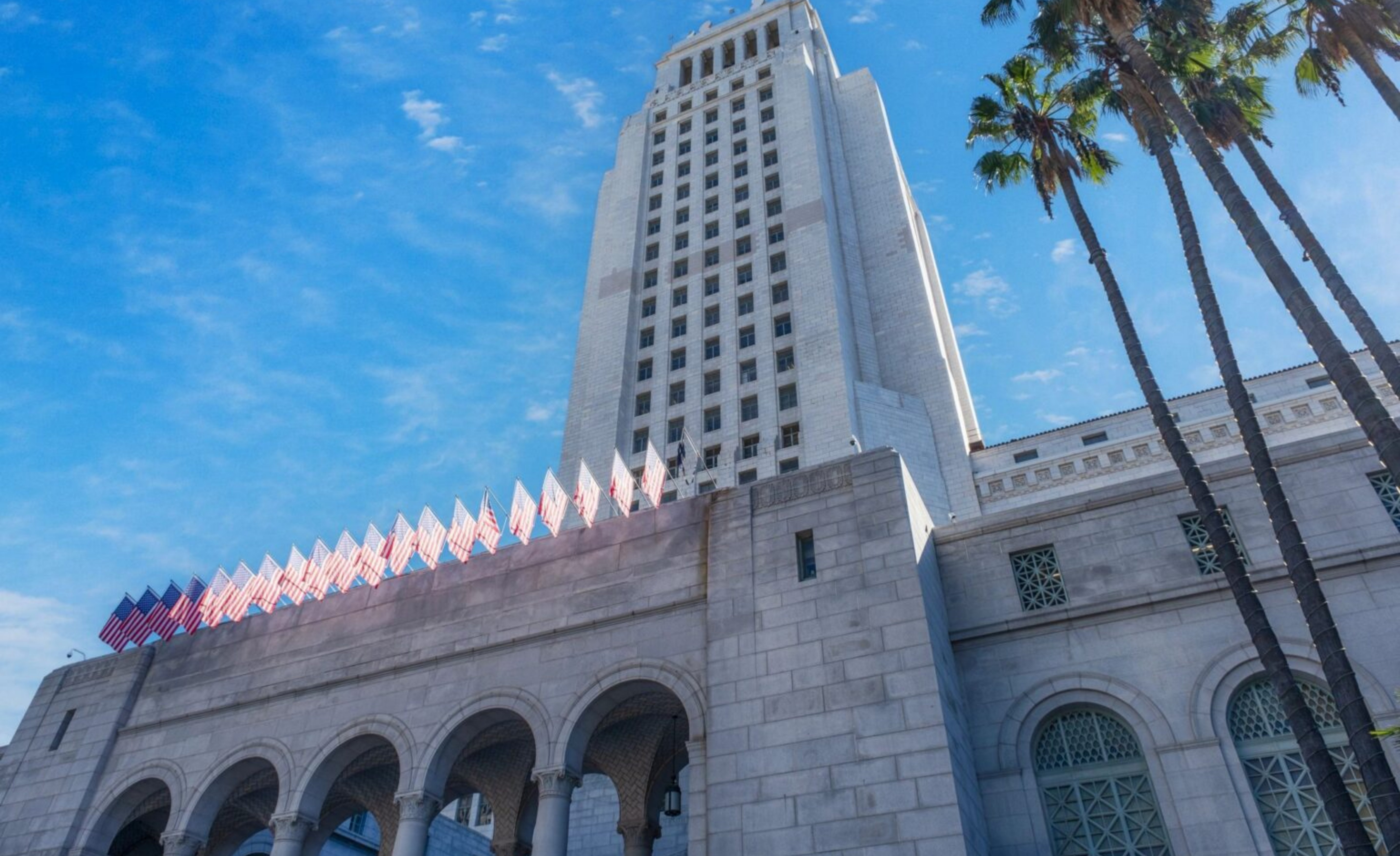 Los Angeles City Hall seen from the plaza below.