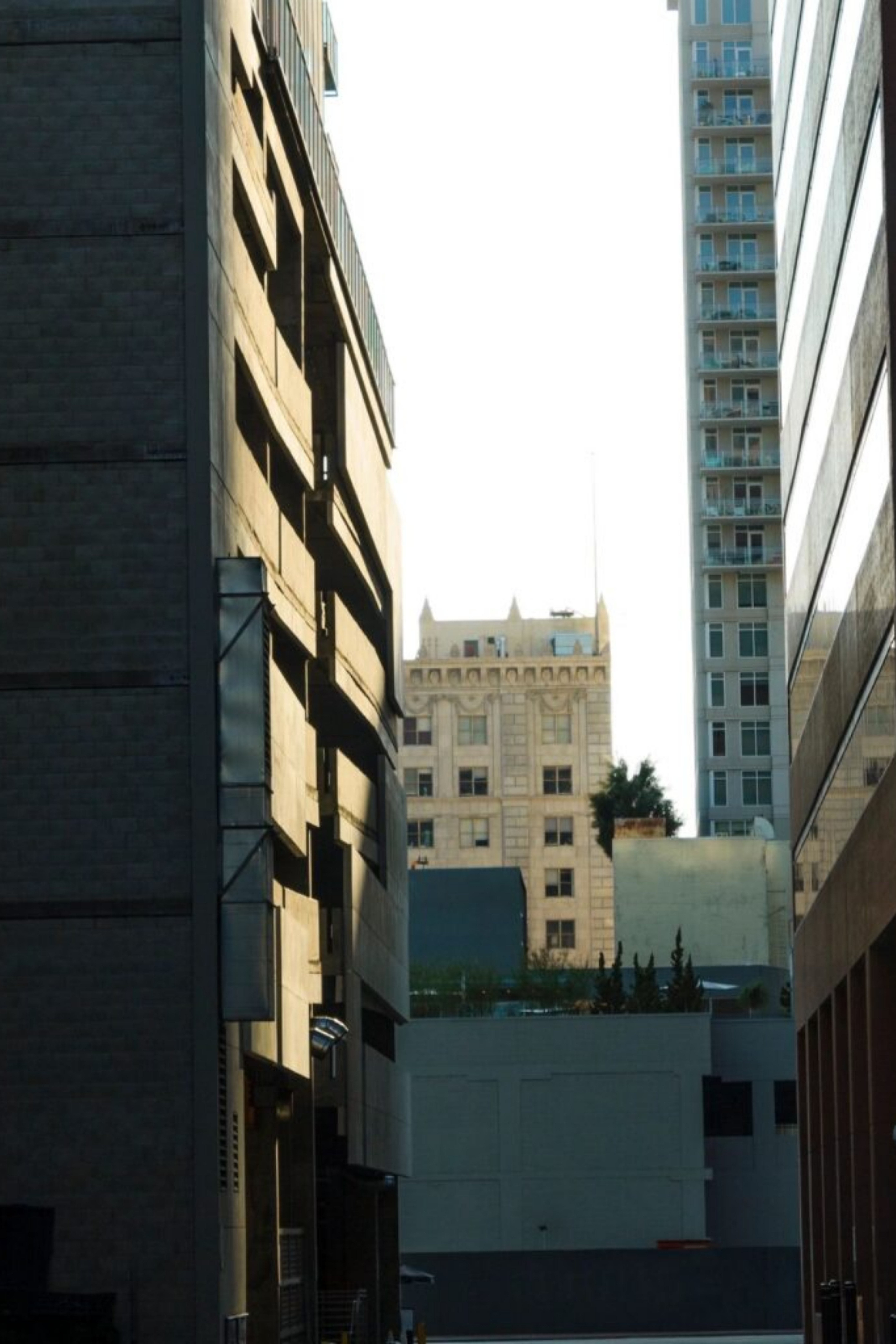 A downtown Los Angeles street between towers.