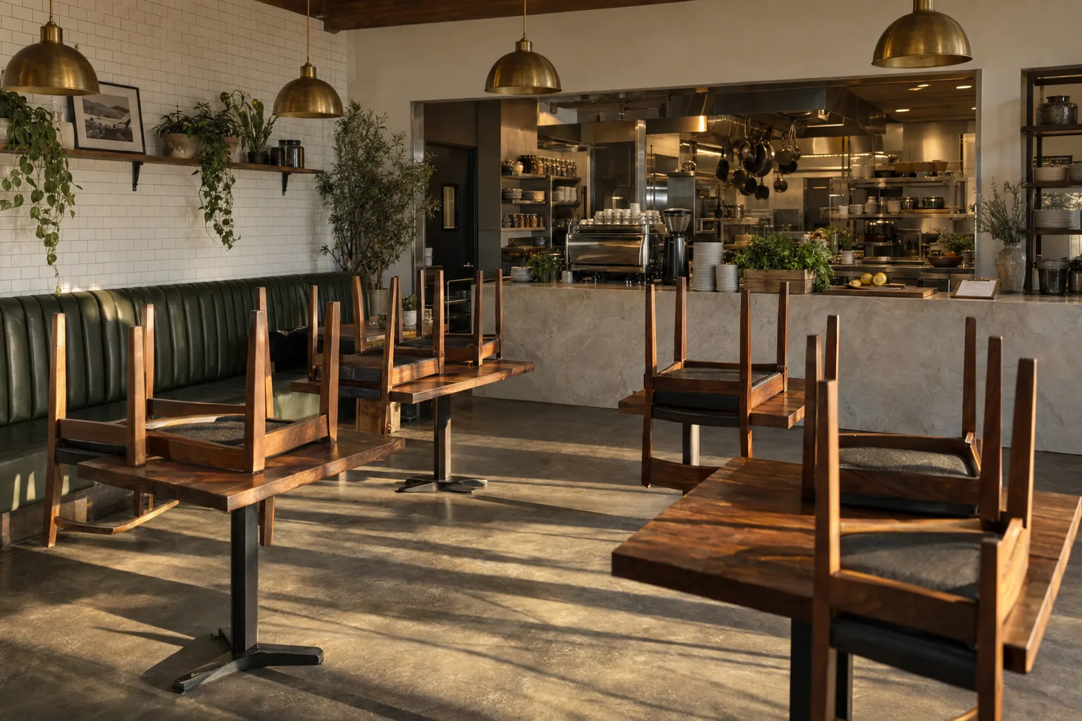 A restaurant before opening, chairs up on tables.