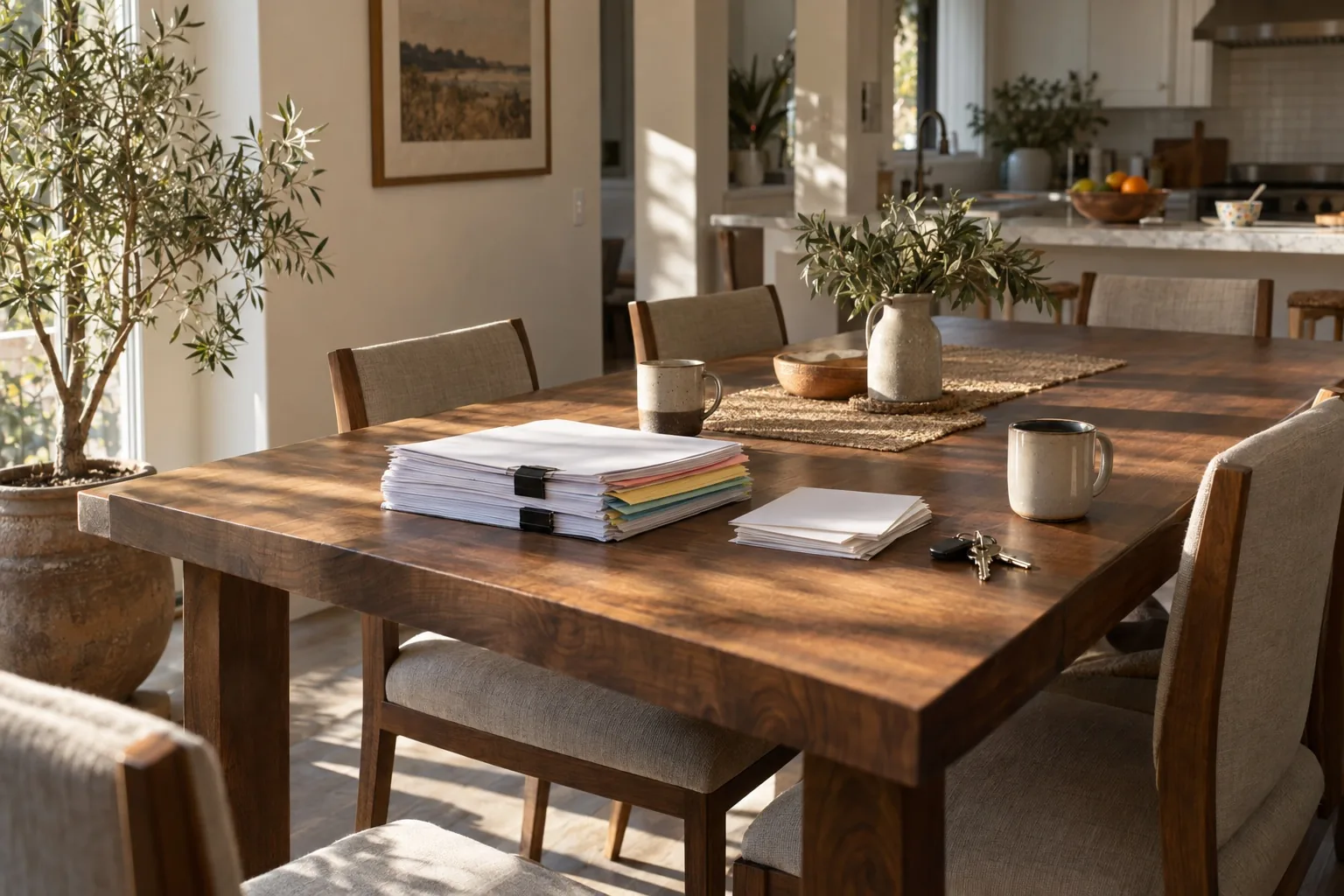 A family dining table in the morning, a tabbed stack of documents ready to file.