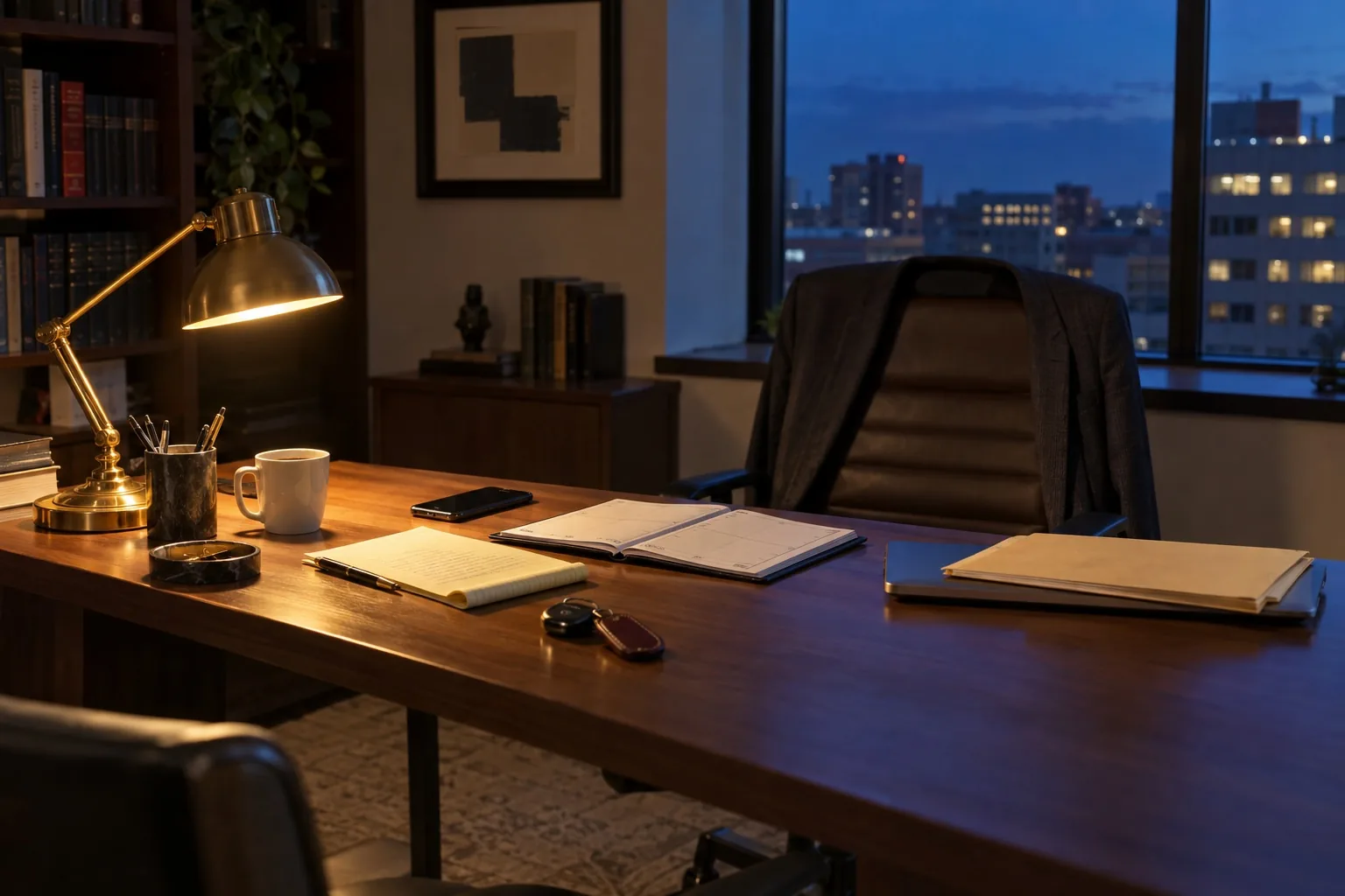 A law office desk still lit at dusk, notes and a case file under the lamp.