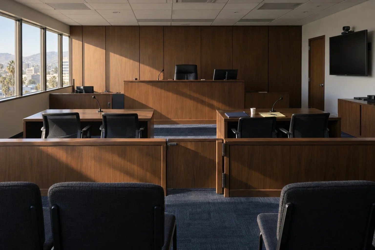 An empty immigration courtroom in the morning, a case file ready on the counsel table.